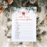 Red Santa Baby Christmas Baby Word Scramble Game Invitation<br><div class="desc">Answers: 1. BOTTLE 2. WIPES 3. HIGH CHAIR 4. DIAPER 5. PACIFIER 6. TEETHER 7. LULLABY 8. TEDDY BEAR 9. FORMULA 10. CRADLE 11. BOOTIE 12. BLANKET ... ... ... ... ... ... ... ... ... ... ... ... ... ... ... ... ... ... ... ... ... ... ... ......</div>