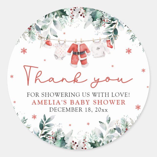 Red Santa Baby Christmas Clothesline Baby Shower Classic Round Sticker (Front)