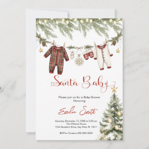 Red santa baby christmas clothesline baby shower invitation