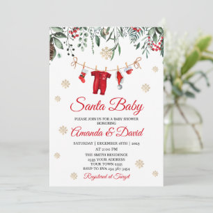 Red Santa Baby Christmas Clothesline Baby Shower Invitation