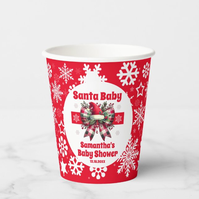 Red Santa Baby Christmas Coquette Bow Baby Shower Paper Cups (Front)