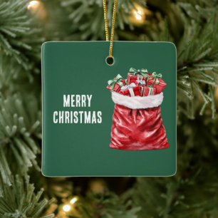 Red Santa Bag Green White Bows Chrismtas Gifts Ceramic Ornament