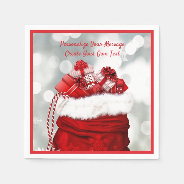 Red Santa Claus Bag Full of Christmas Gifts Napkin (Front)