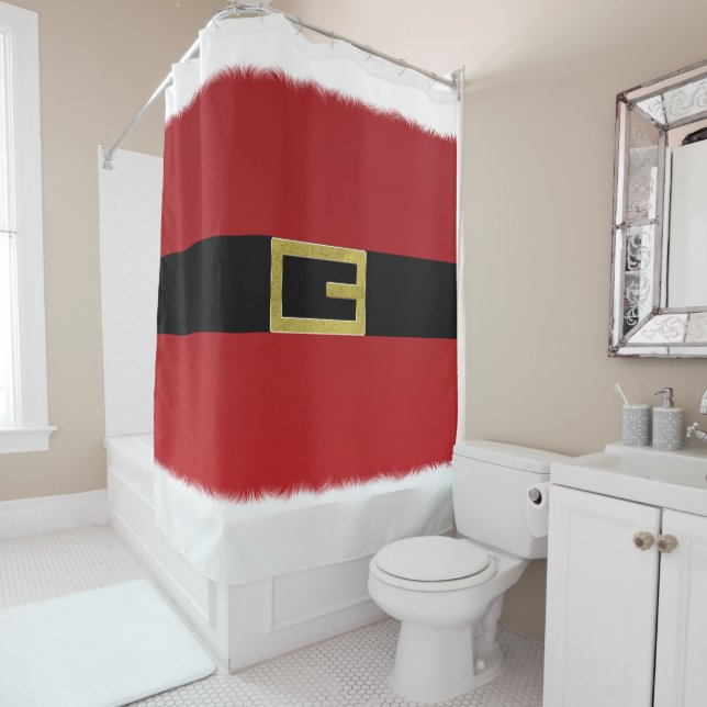 Red Santa Claus Belt & White Fur Christmas Holiday Shower Curtain (In Situ)