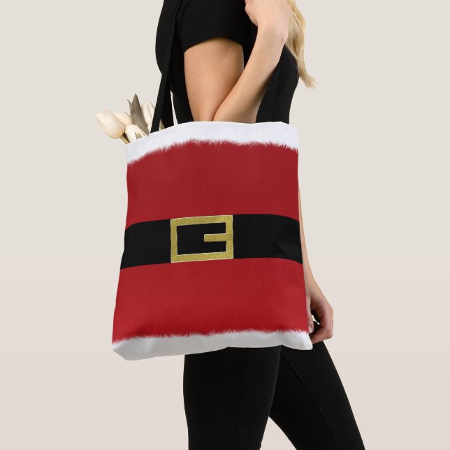 Red Santa Claus Belt & White Fur Christmas Holiday Tote Bag (Close Up)