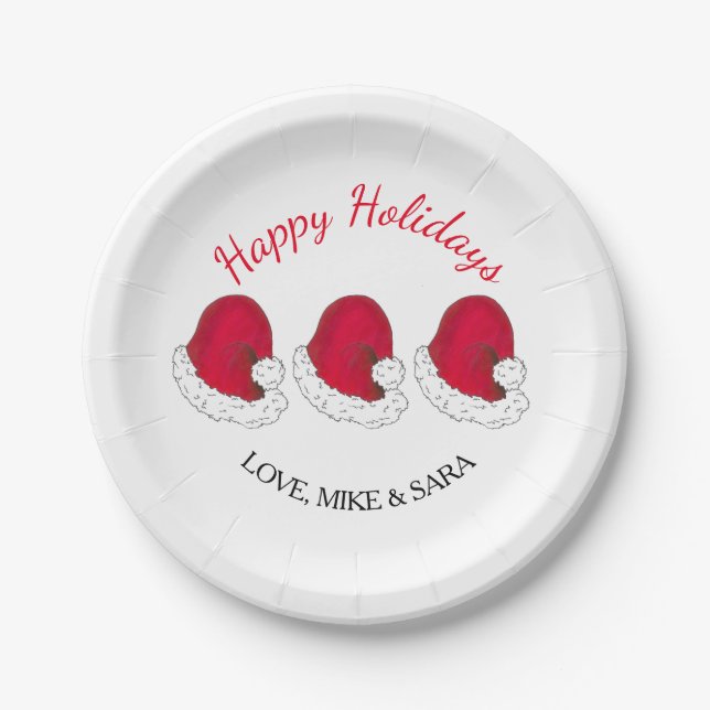 Red Santa Claus Hat Christmas Happy Holidays Paper Plate (Front)