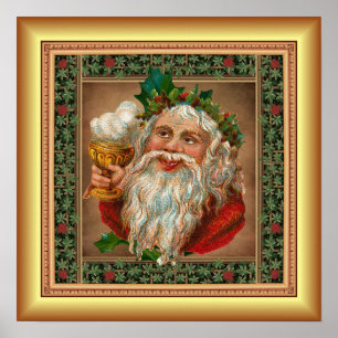 Red Santa Claus - Holiday Drink - Gold Background Poster