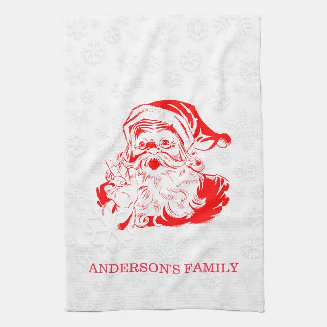 Red Santa Claus White Snowflakes Tea Towel (Vertical)