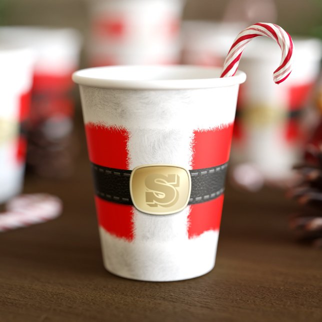 Red Santa Costume Christmas Holiday Paper Cup (Fun and festive red and white paper cup inspired by Santa's suit. Just add your initial)