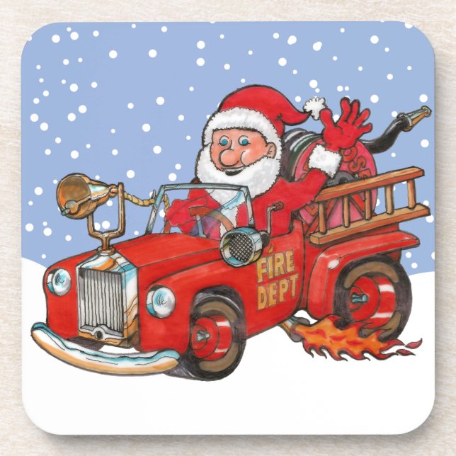 Red Santa fire truck coaster 6 pack (Front)