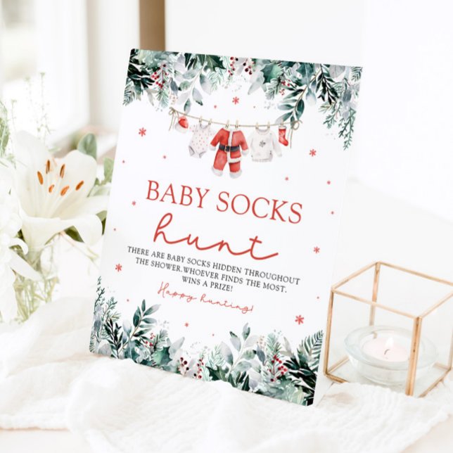 Red Santa Gender Neutral Baby Socks Baby Shower Pedestal Sign (Watercolor Red Santa Gender Neutral Baby Socks Baby Shower Sign)