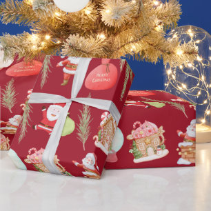 Red Santa Gingerbread House Holiday Wrapping Paper