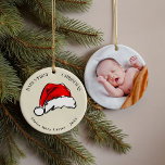 Red Santa Hat Baby's First Christmas Photo Ceramic Tree Decoration<br><div class="desc">A cherished memento of baby's first Christmas featuring a playfully hand painted,  red watercolor Santa Hat on the front with your details and your favourite photo on the reverse side.</div>