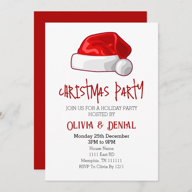 Red Santa Hat Christmas Holiday Party Invitation  (Front/Back)