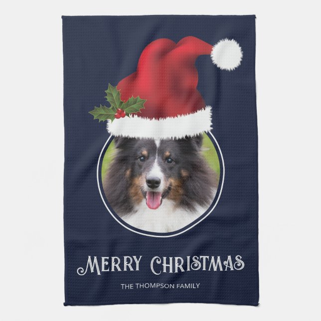 Red Santa Hat Custom Photo Template On Blue Tea Towel (Vertical)