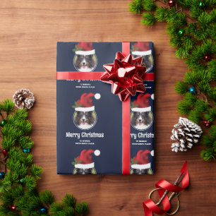Red Santa Hat Custom Photo Template On Blue Wrapping Paper