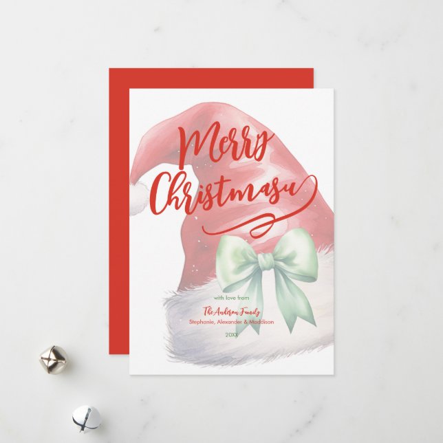 Red Santa Hat Green Bow Personalised  Holiday Card (Front/Back In Situ)