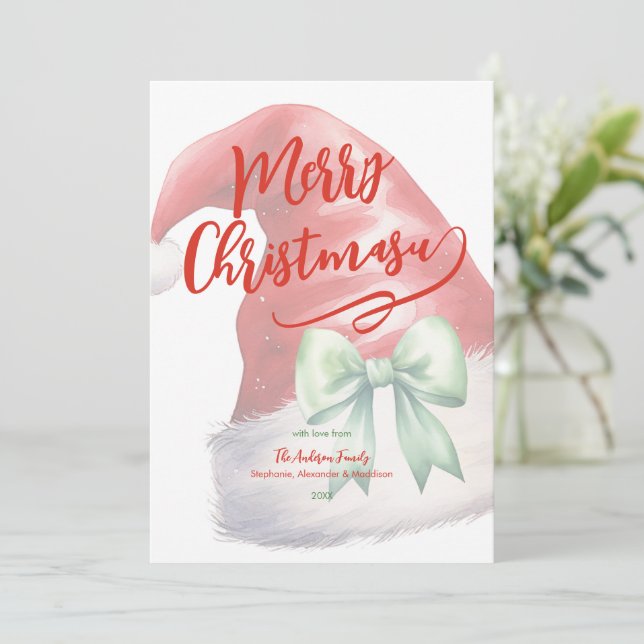 Red Santa Hat Green Bow Personalised  Holiday Card (Standing Front)