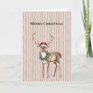 Red Santa Hat Reindeer Brown Stripes Christmas Card