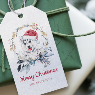 Red Santa Hat Siberian Husky Pup Wreath Holiday Gift Tags