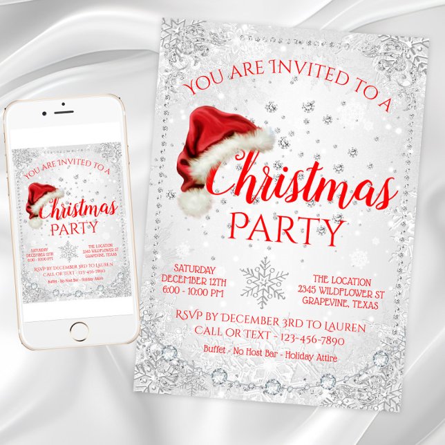 Red Santa Hat Snowflake Christmas Party Invitation (Santa hat snowflake Christmas party invitation. Available for instant download and print.)