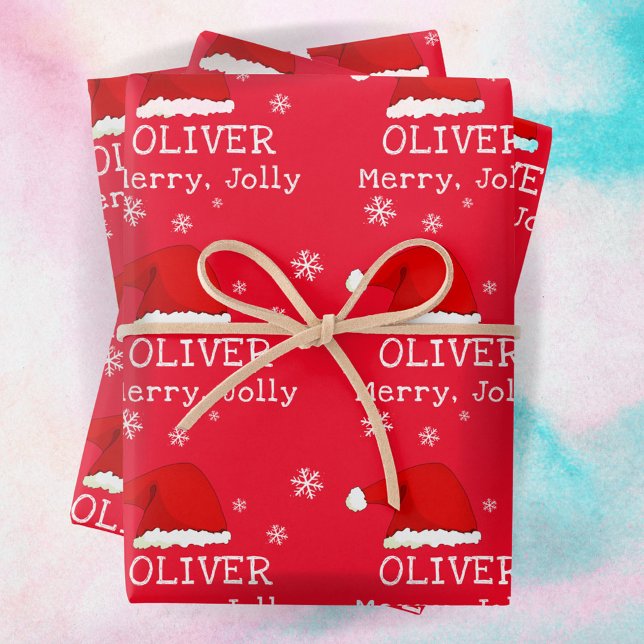 Red Santa Hat Snowflake Merry Jolly Kids Wrapping Paper Sheet (Creator Uploaded)