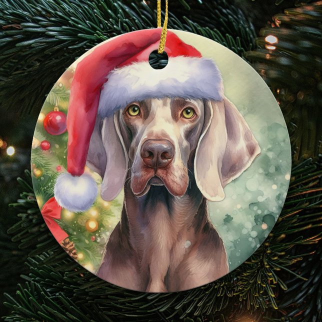 Red Santa Hat Weimaraner Dog Christmas Ceramic Tree Decoration (Creator Uploaded)