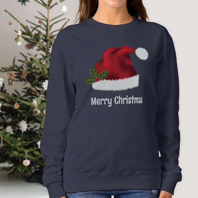 Red Santa Hat With Christmas Holly And Custom Text Sweatshirt (Festive design for the Holiday season.)