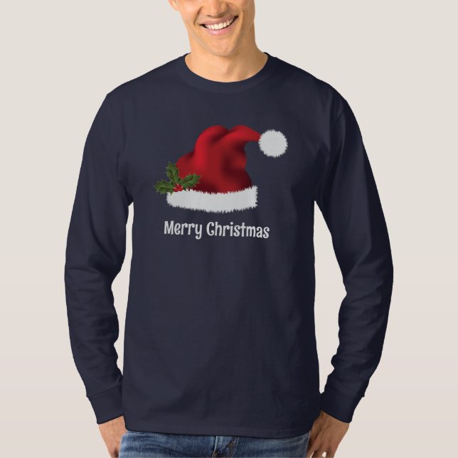 Red Santa Hat With Christmas Holly And Custom Text T-Shirt (Front)