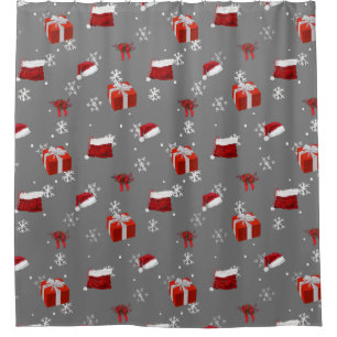 Red Santa Hats and Presents on Charcoal Background Shower Curtain