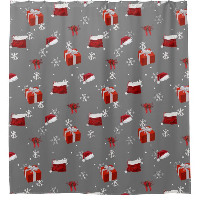 Red Santa Hats and Presents on Charcoal Background Shower Curtain (Front)