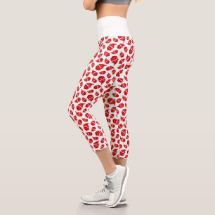 Red Santa Head on White Background Pattern Capri Leggings