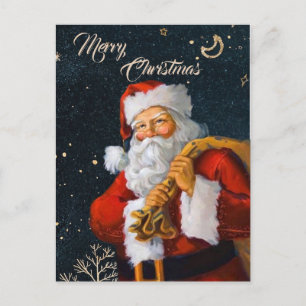 red Santa on dark blue watercolor background Postcard
