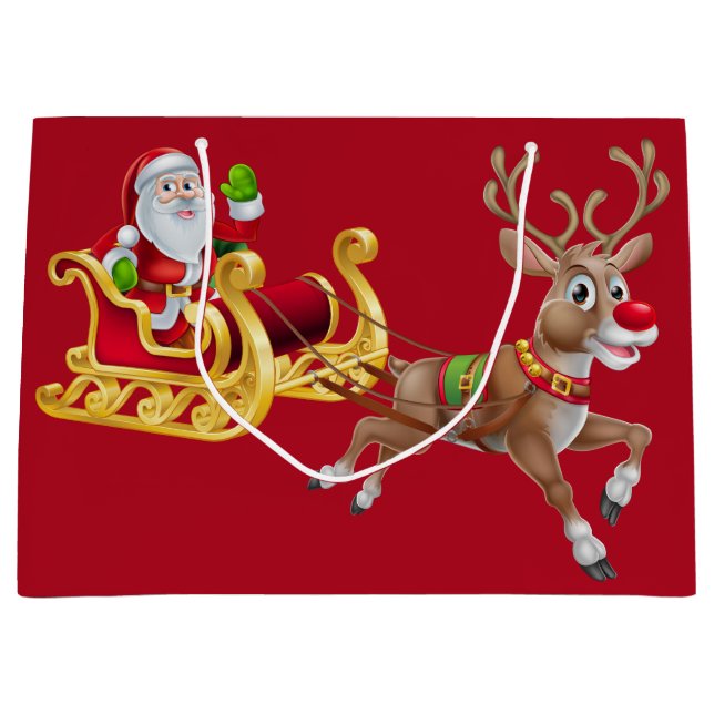 Red Santa Reindeer On Sleigh Merry Christmas Large Gift Bag (Front)