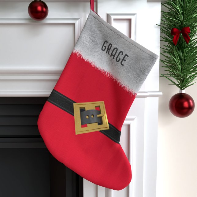 Red Santa Suit Belt Monogrammed Traditional Kids Large Christmas Stocking (Just add your name and hang it high)