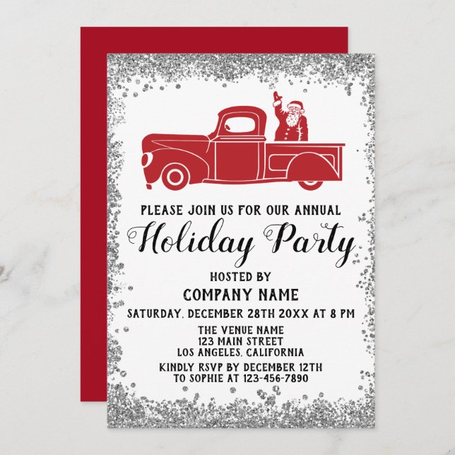 Red Santa Truck Xmas Company Holiday Party Silver Invitation (Front/Back)