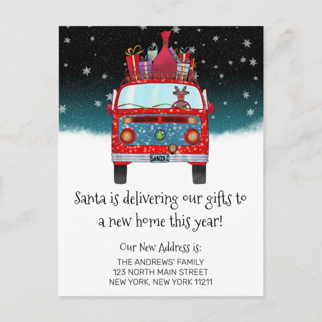 Red Santa Van Reindeer Dog Snow Christmas Moving Announcement Postcard (Front)
