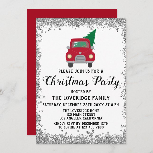 Red Santa Xmas Tree Holiday Christmas Party Silver Invitation (Front/Back)