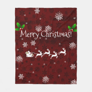 Red Santa's Sleigh and Reindeer Fleece Blanket