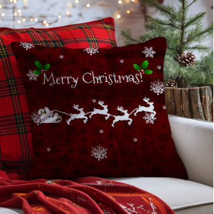 Red Santa's Sleigh and Reindeer Throw Pillow