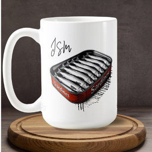 Red Sardine Art Tin Custom Monogram Name  Coffee Mug
