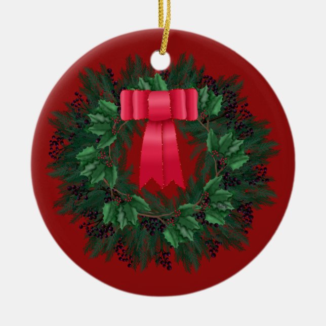 Red Satin Bow Berries Wreath Christmas Ceramic Tree Decoration (Front)