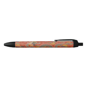Red Satin Brocade with Cloud Chinese Dragon Black Ink Pen