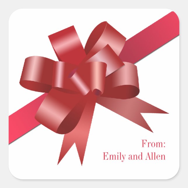 Red satin gift bow ribbon Christmas holiday label (Front)