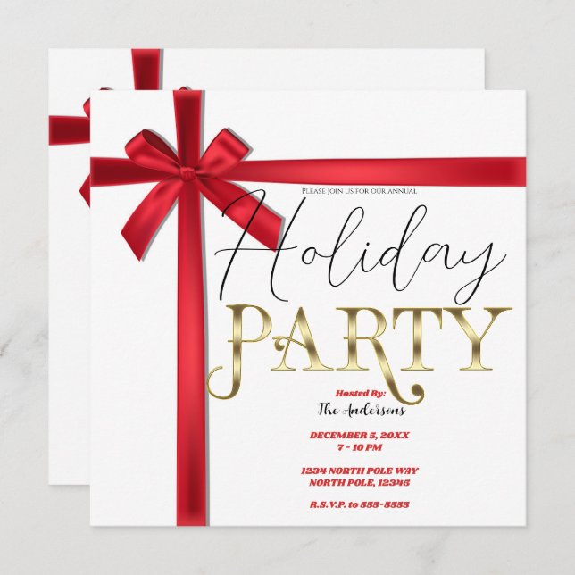 Red Satin Ribbon Bow Christmas Holiday Party Invitation (Front/Back)