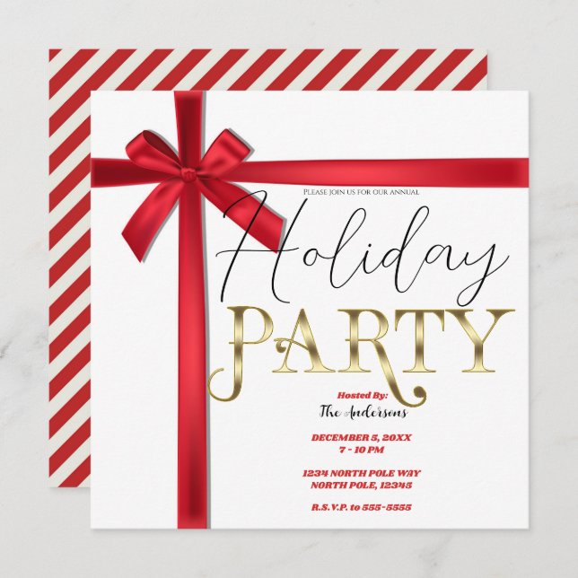 Red Satin Ribbon Bow Christmas Holiday Party Invitation (Front/Back)