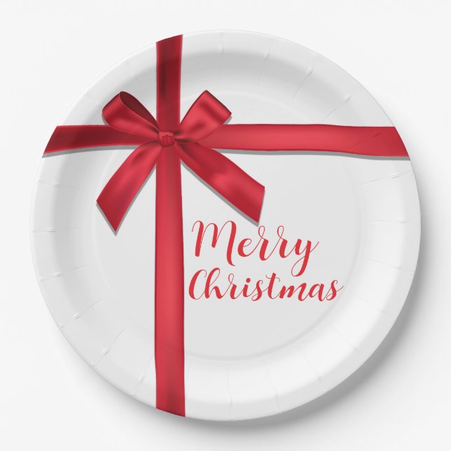 Red Satin Ribbon Bow Christmas Holiday Party Paper Plate (Front)