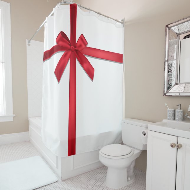 Red Satin Ribbon Bow Christmas Holiday Party Shower Curtain (In Situ)