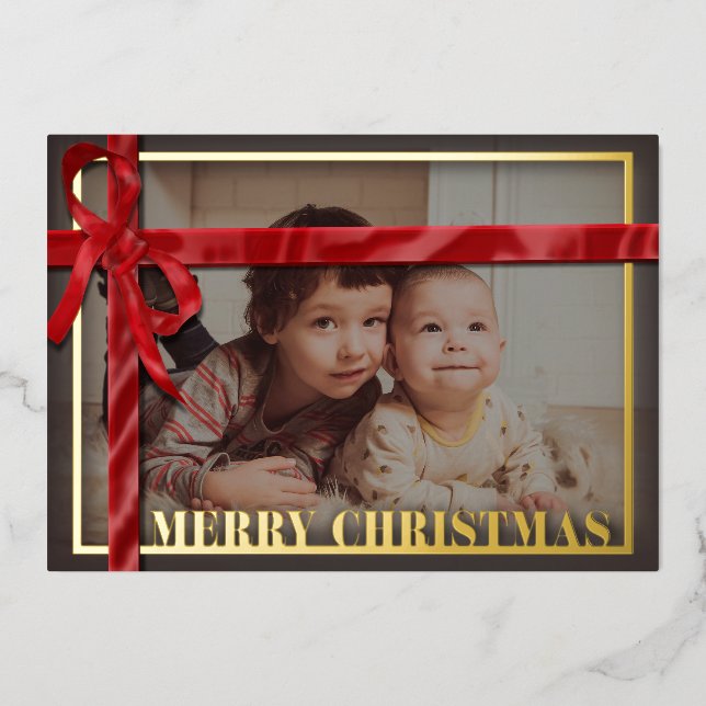 Red satin ribbon family photo Christmas Gold  (Front)
