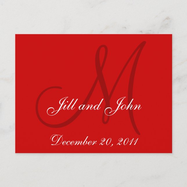 Red Save the Date Custom Monogram Postcards (Front)